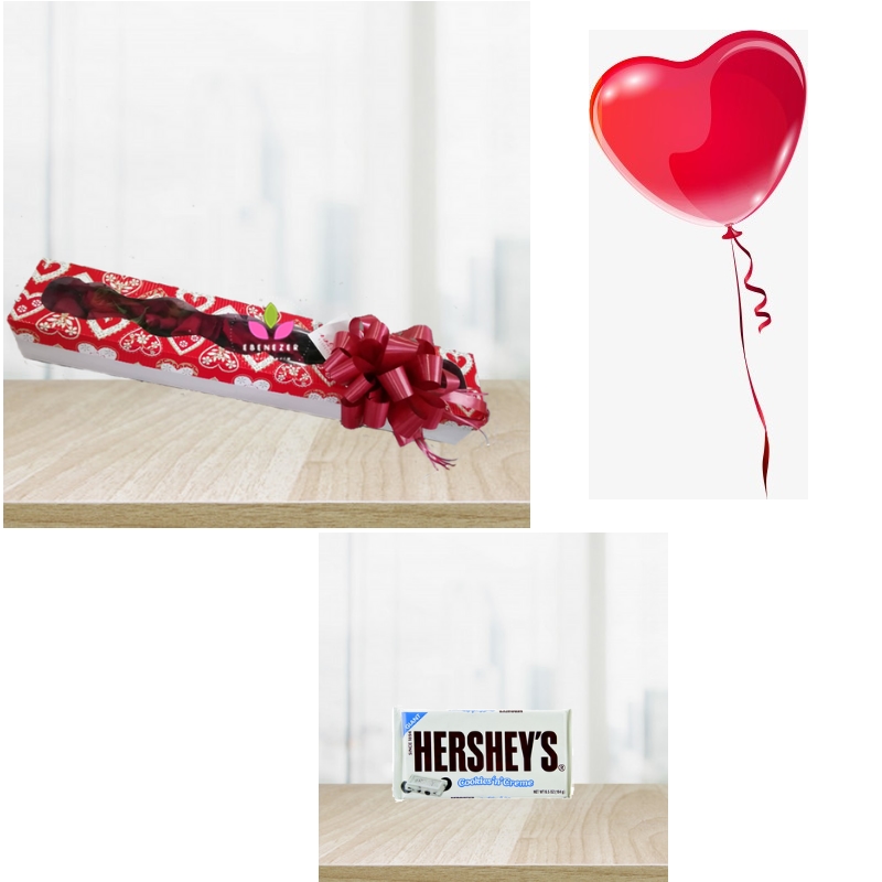 Pack: caja de rosas, Globo en helio y chocolatina Hersey's 1 Pack: caja de rosas, Globo en helio y chocolatina Hersey's