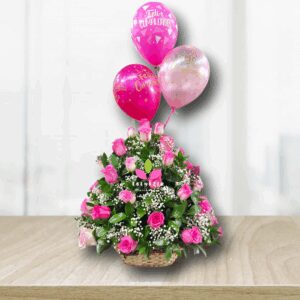 Canasta de rosas con globos en Cali